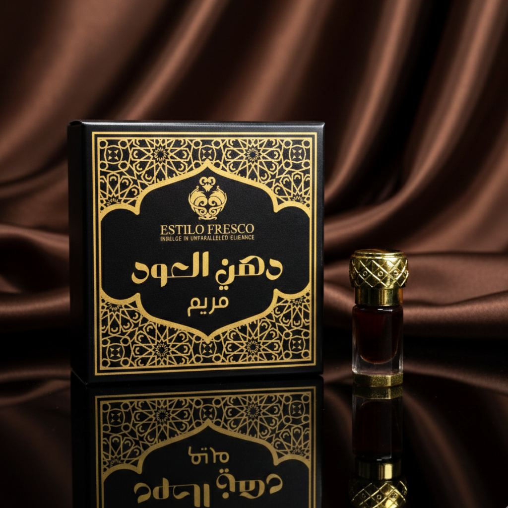 Perfume bottle and packaging with intricate design on a brown fabric background